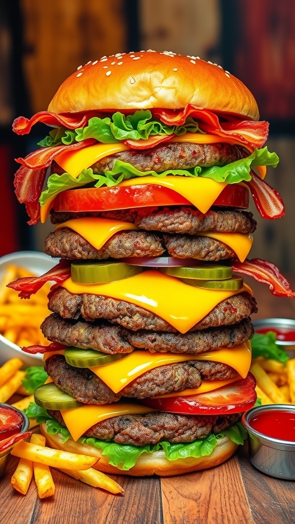 A towering 6 patty burger with cheese, bacon, lettuce, and tomato on a wooden table.